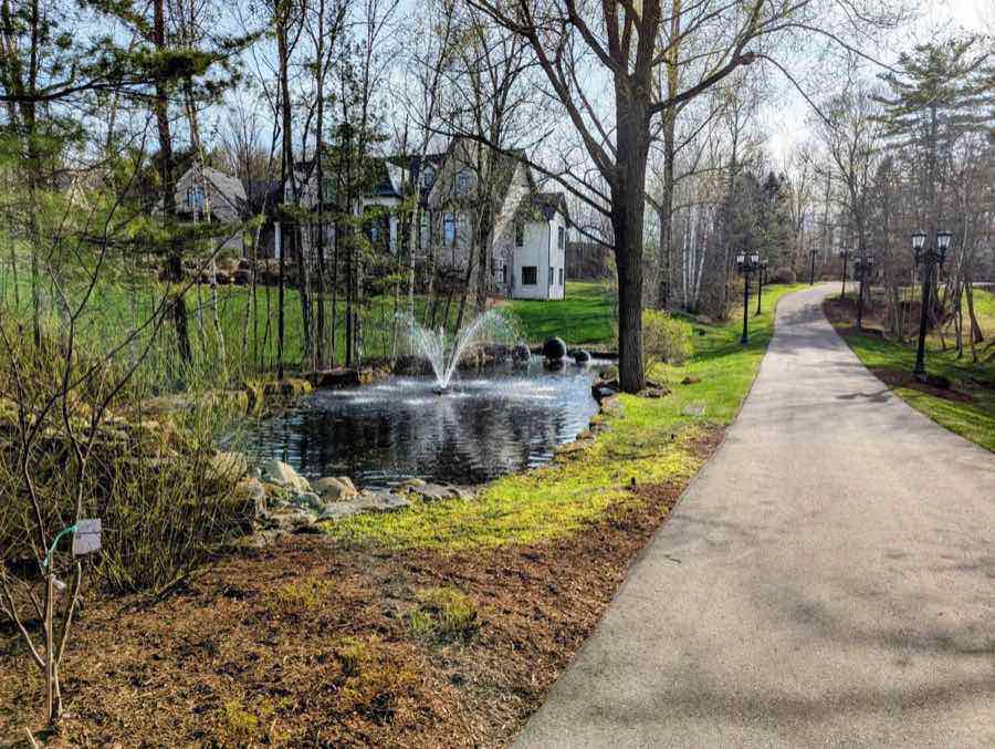 A beautiful fountain installation alongside a driveway path